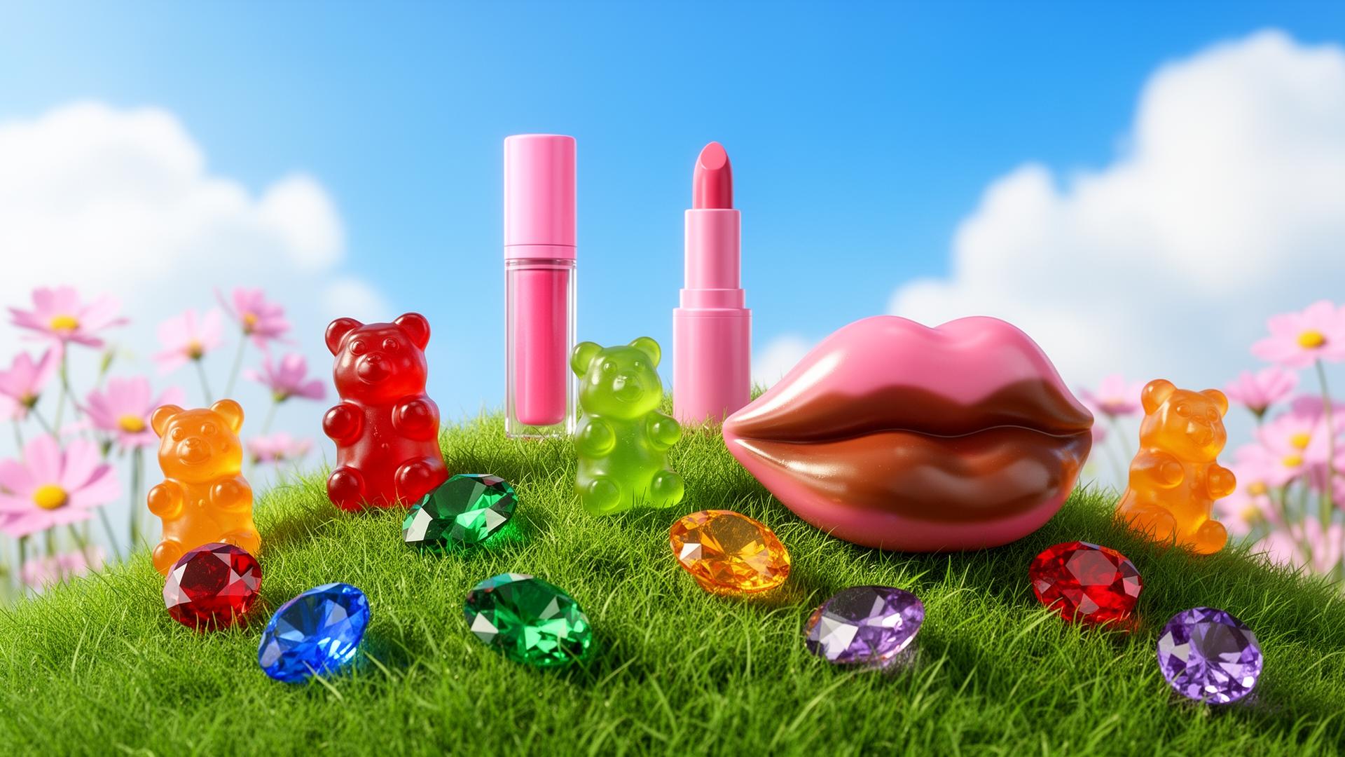 Lady J's candy-fantasy lip kit scene with gummy bears and gems on a grassy hill under a blue sky